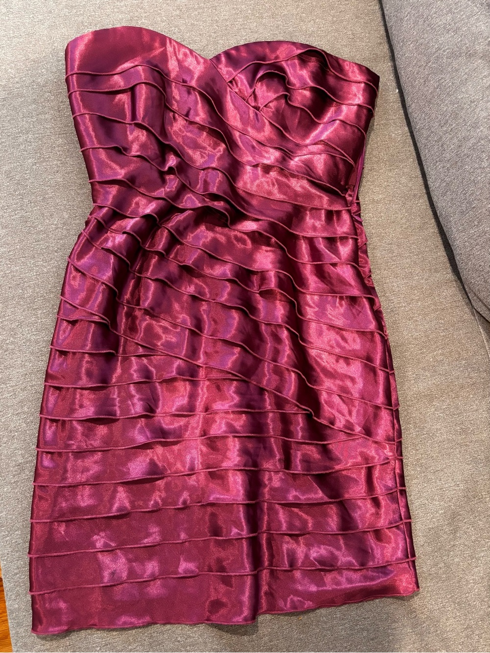 BCBGMaxAzria Strapless Ruffle Satin Dress - Wine